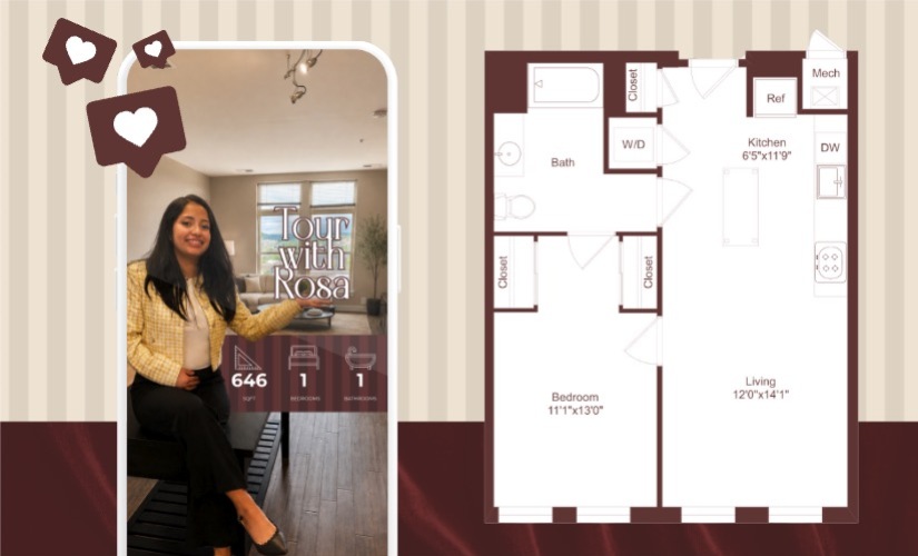 1B2 one-bedroom apartment floor plan at The Swift at Petworth in Washington, DC featuring 646 square feet and an open-concept layout